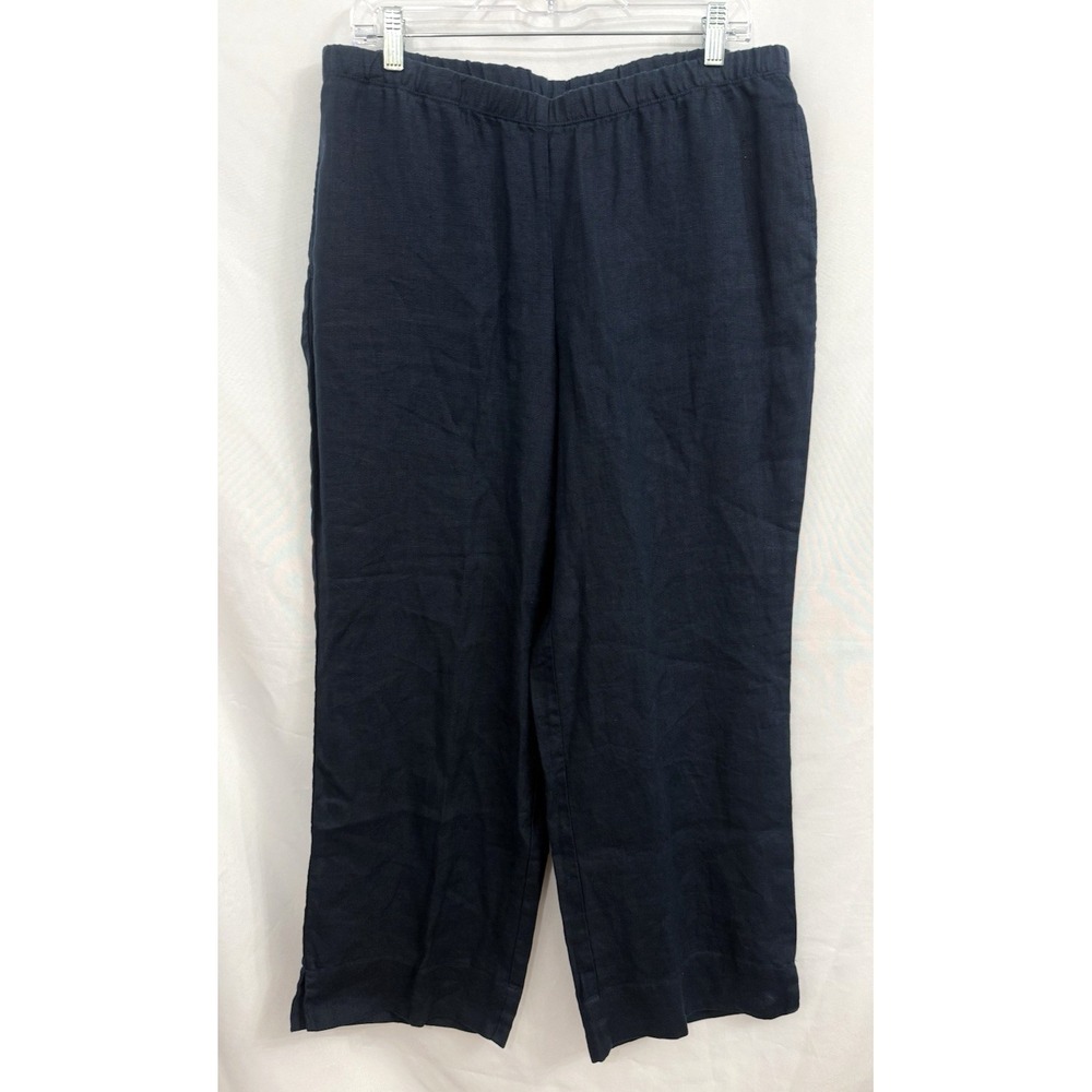 J Jill 100% Linen Wide Leg Pants Navy Elastic Waist Pockets Womens Size M Tall